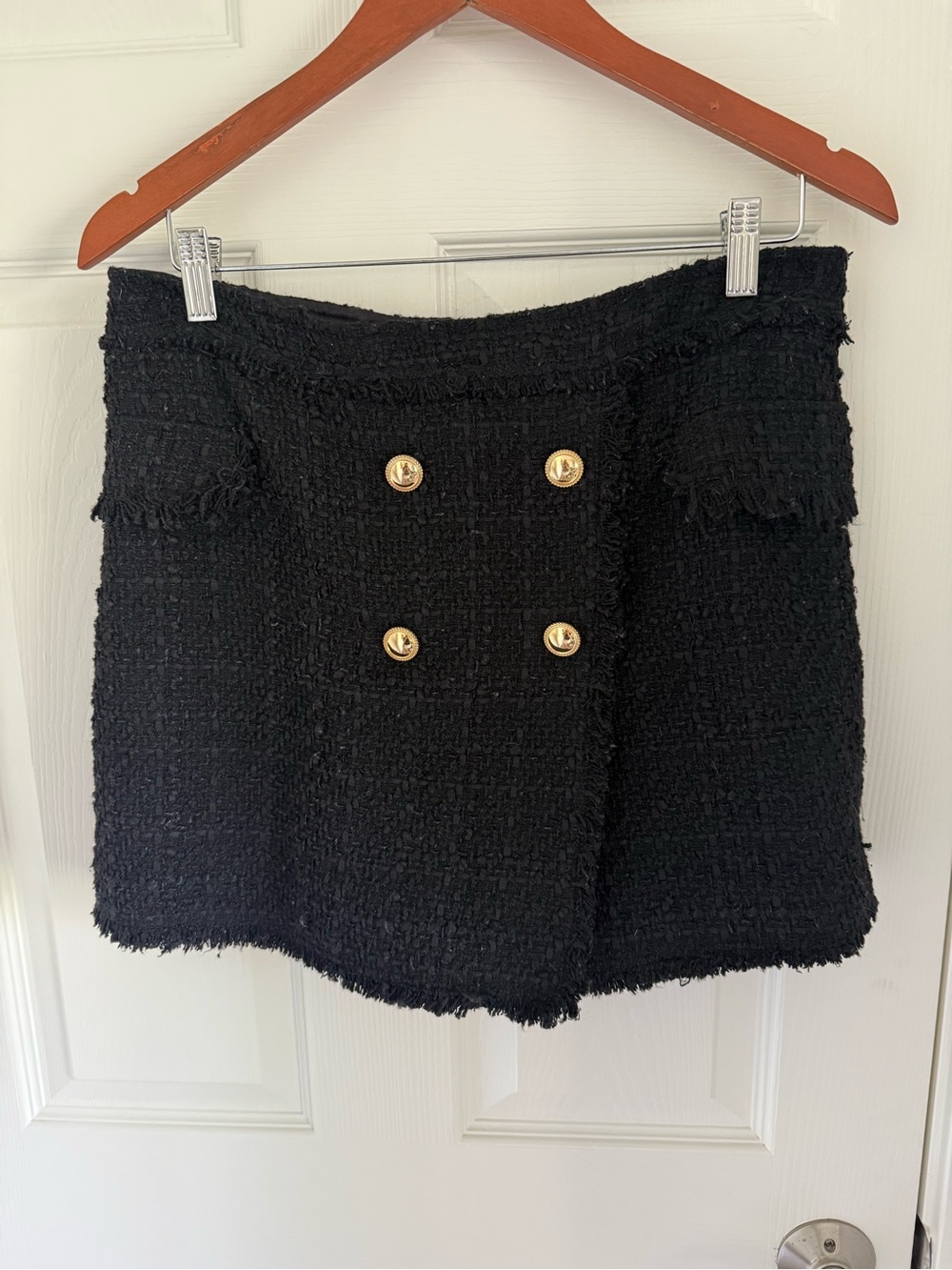 House of Harlow 1960 Black Tweed Mini Skirt with Gold Buttons